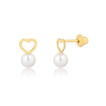 Brinco Ouro 18K Infantil Coração/Pérola