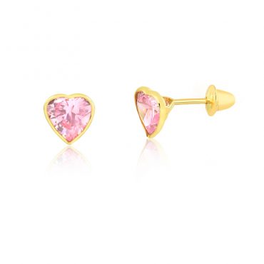Brinco Ouro 18K Infantil Coração Zircônia Rosa