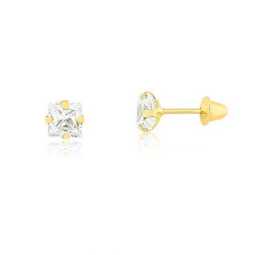 Brinco Ouro 18K Infantil Pedra Quadrada Branca 2