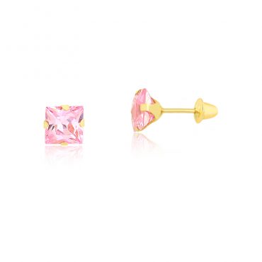 Brinco Ouro 18K Infantil Pedra Quadrada Rosa