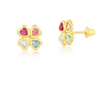 Brinco Ouro 18K Infantil | Trevo Pedras Coloridas