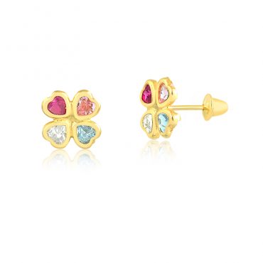 Brinco Ouro 18K Infantil | Trevo Pedras Coloridas