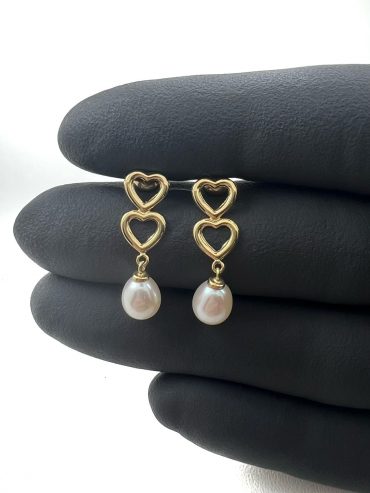 Brinco Ouro 18k | Coração Vazado | Pérolas